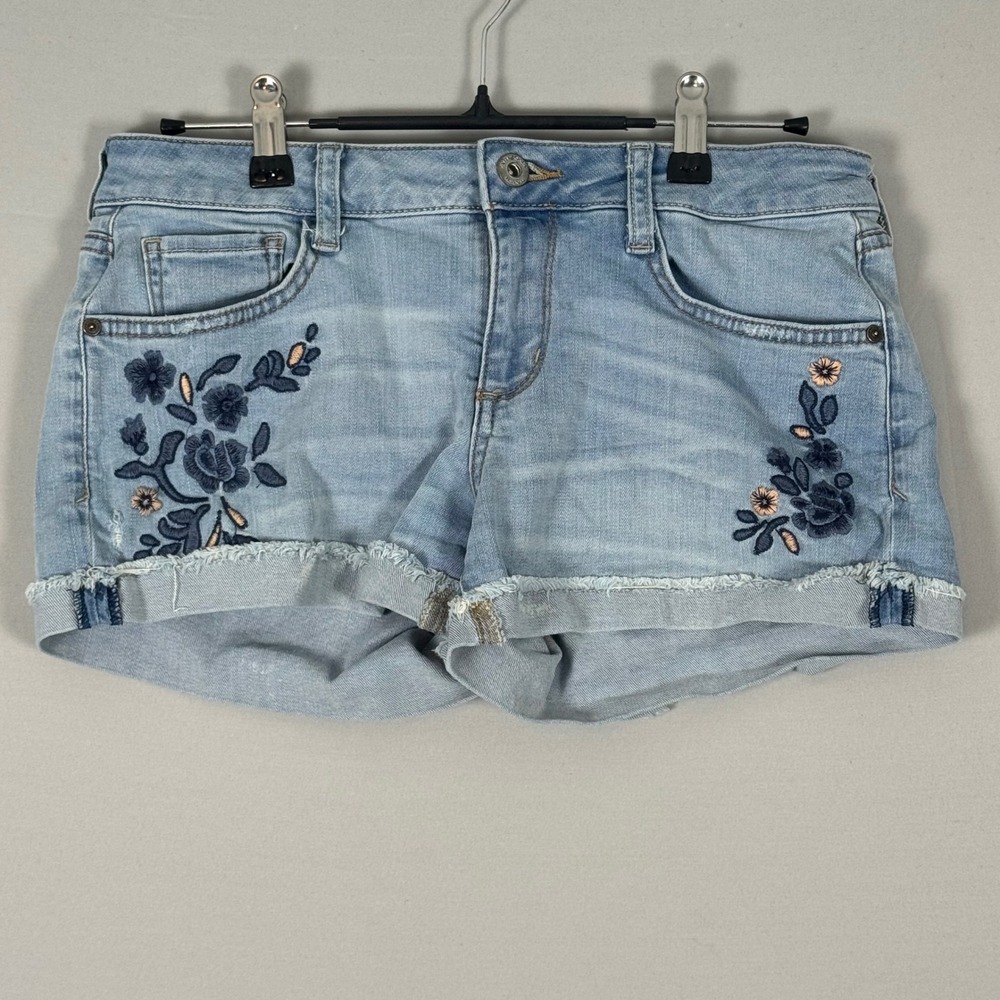 Arizona Jean Co Denim Shorts Womens 7 Blue Excellent Floral Embroidered Boho Y2K